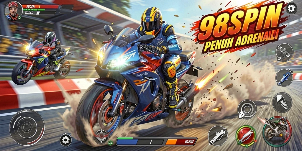Screenshot gameplay 98SPIN menampilkan aksi balap motor yang mendebarkan.