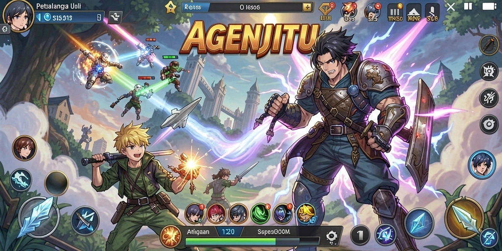 Tampilan gameplay AGENJITU yang penuh aksi dan karakter anime.