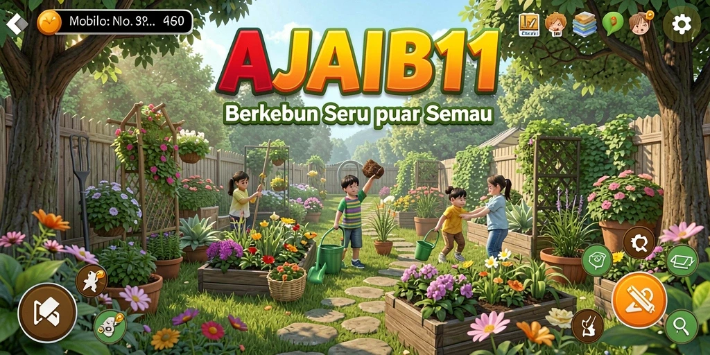 Screenshot gameplay <strong>AJAIB11</strong> menunjukkan aktivitas berkebun yang seru.