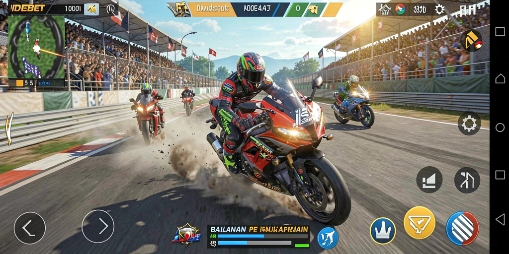Screenshot <strong>IDEBET</strong> menampilkan aksi balapan yang mendebarkan.