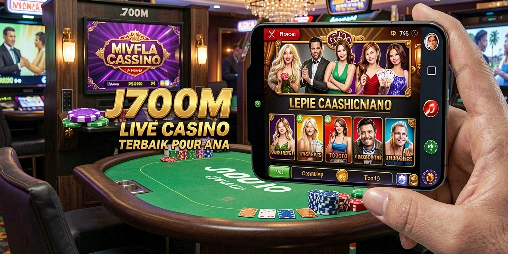 Screenshot gameplay J200M menampilkan dealer dan meja permainan Live Casino.