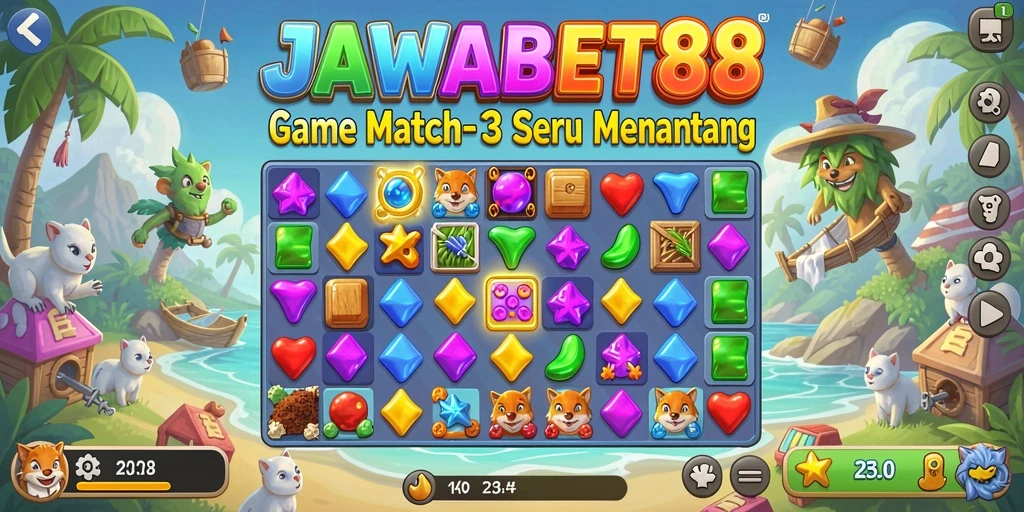 Tampilan gameplay seru JAWABET88 dengan grafis Match-3 yang berwarna-warni.