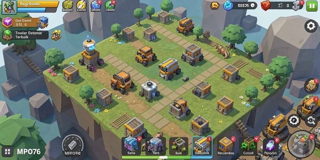 Tampilan gameplay MPO76 dengan berbagai menara dalam aksi.