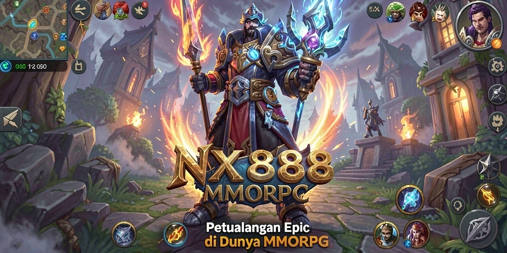 Tangkapan layar gameplay NX888 menampilkan pertempuran epik di dunia MMORPG.