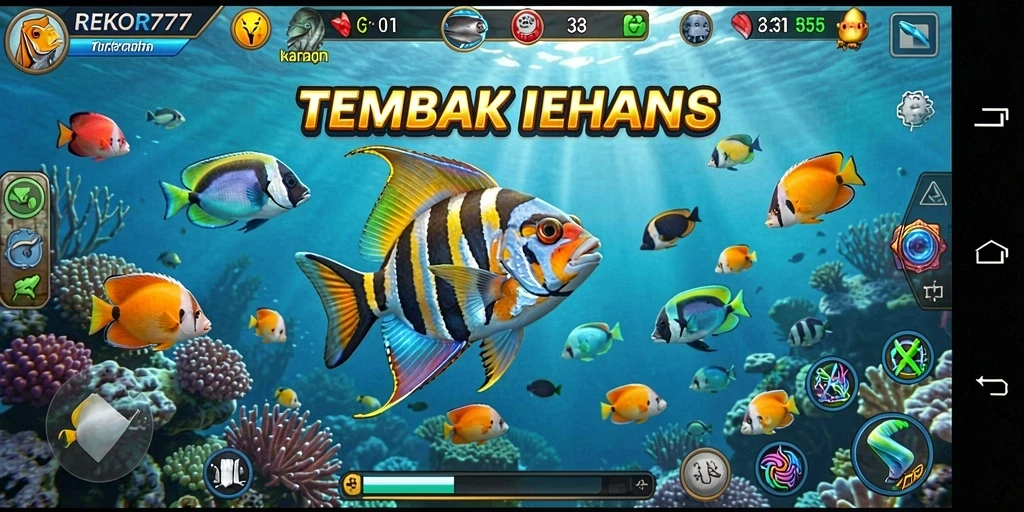 Screenshot utama gameplay REKOR777 menampilkan aksi menembak ikan yang seru.