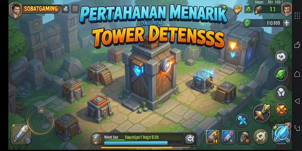 Gameplay seru SOBATGAMING dengan berbagai tower mempertahankan markas.