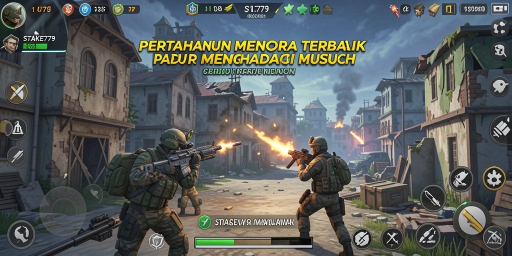 Tangkapan layar gameplay STAKE779 menampilkan serangan menara yang mendebarkan.