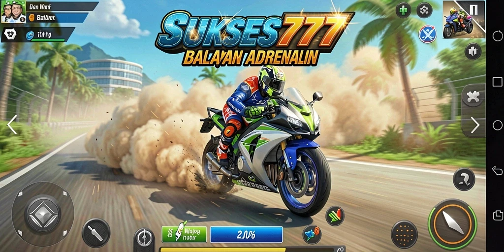 Tampilan gameplay menegangkan dari SUKSES777 saat balapan motor.