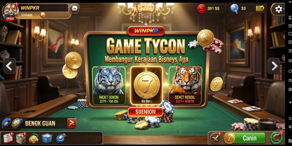 Tampilan gameplay WINPKR yang menampilkan manajemen bisnis yang mendebarkan.