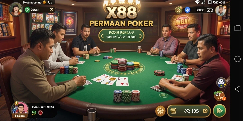 Tangkapan layar X88 menampilkan gameplay Poker yang seru dan interaktif.